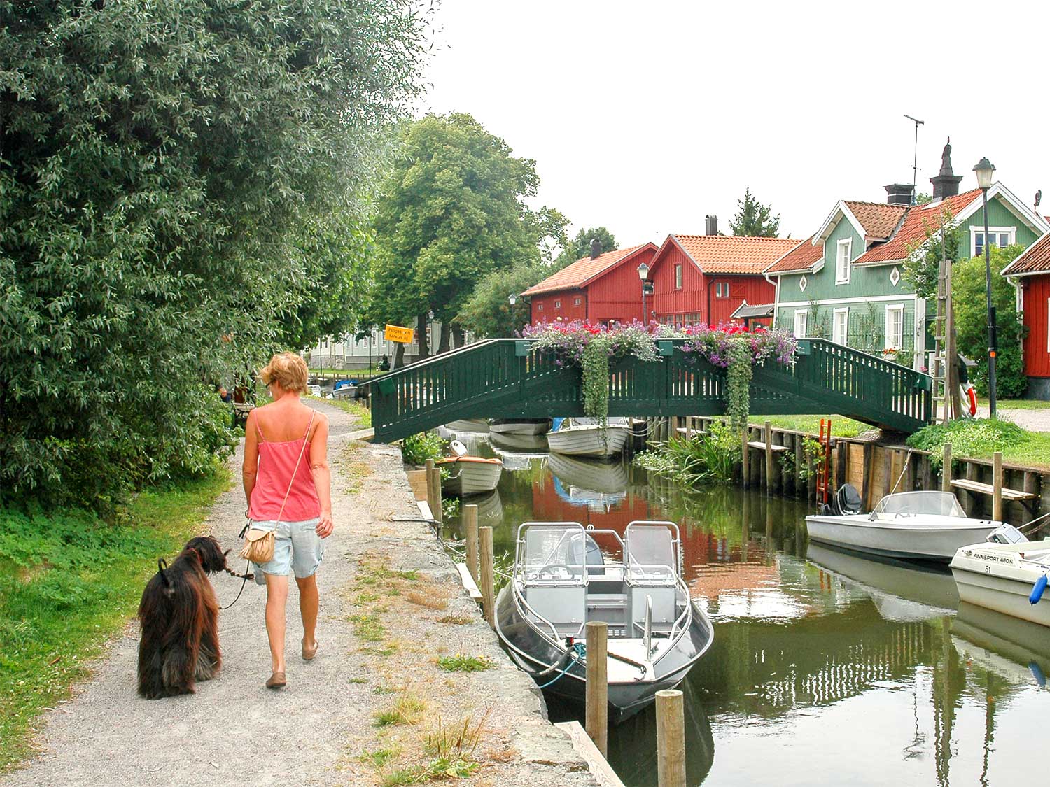 En kvinna som går med en hund vid Trosaån